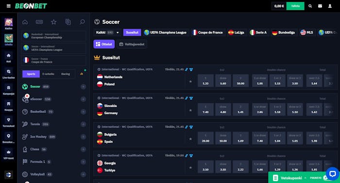 Be On Bet Casinolla on oma vedonly?ntiosio, jossa on mukana useita kohteita esimerkiksi jalkapallosta.