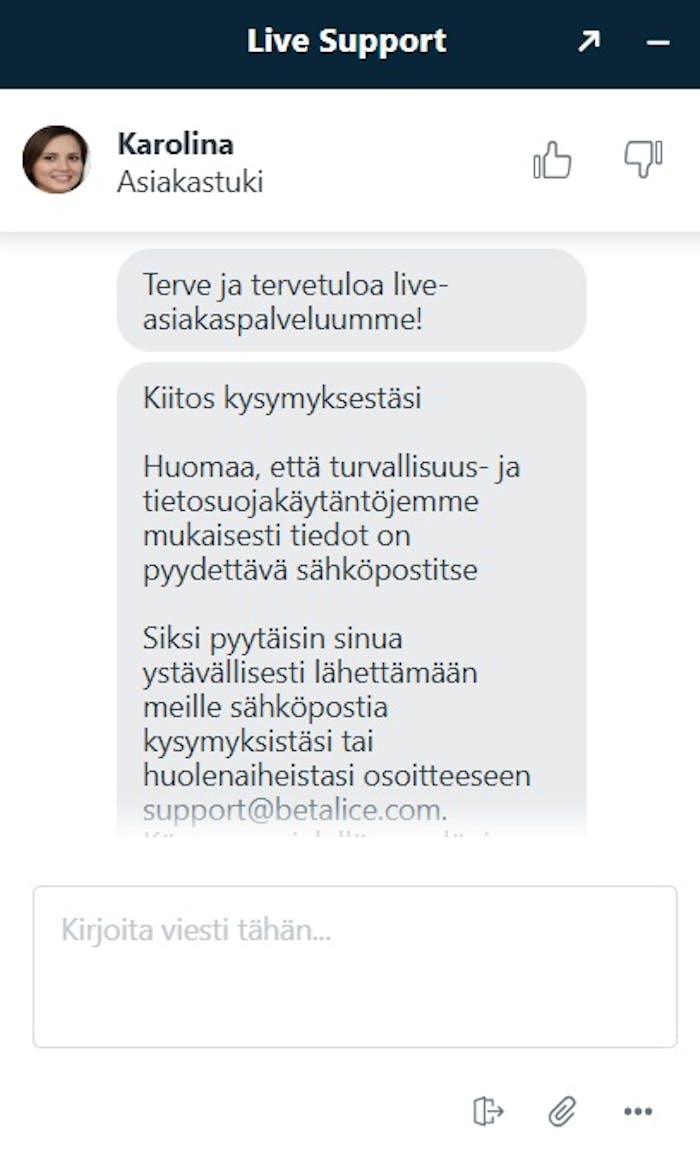 Bet Alice Casinon live-chat ikkuna