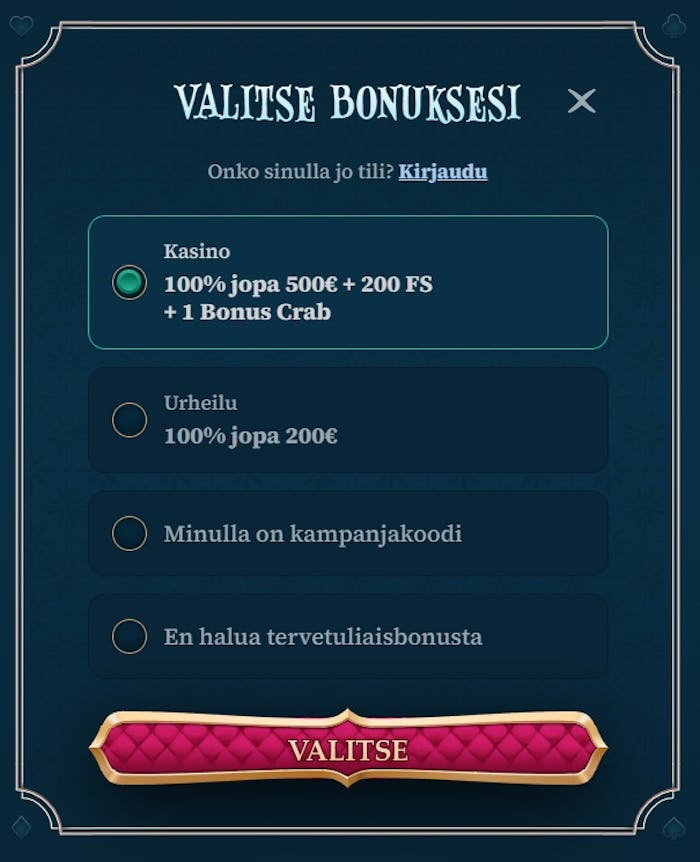 Bet Alice Casinon tervetulobonuksen valinta.