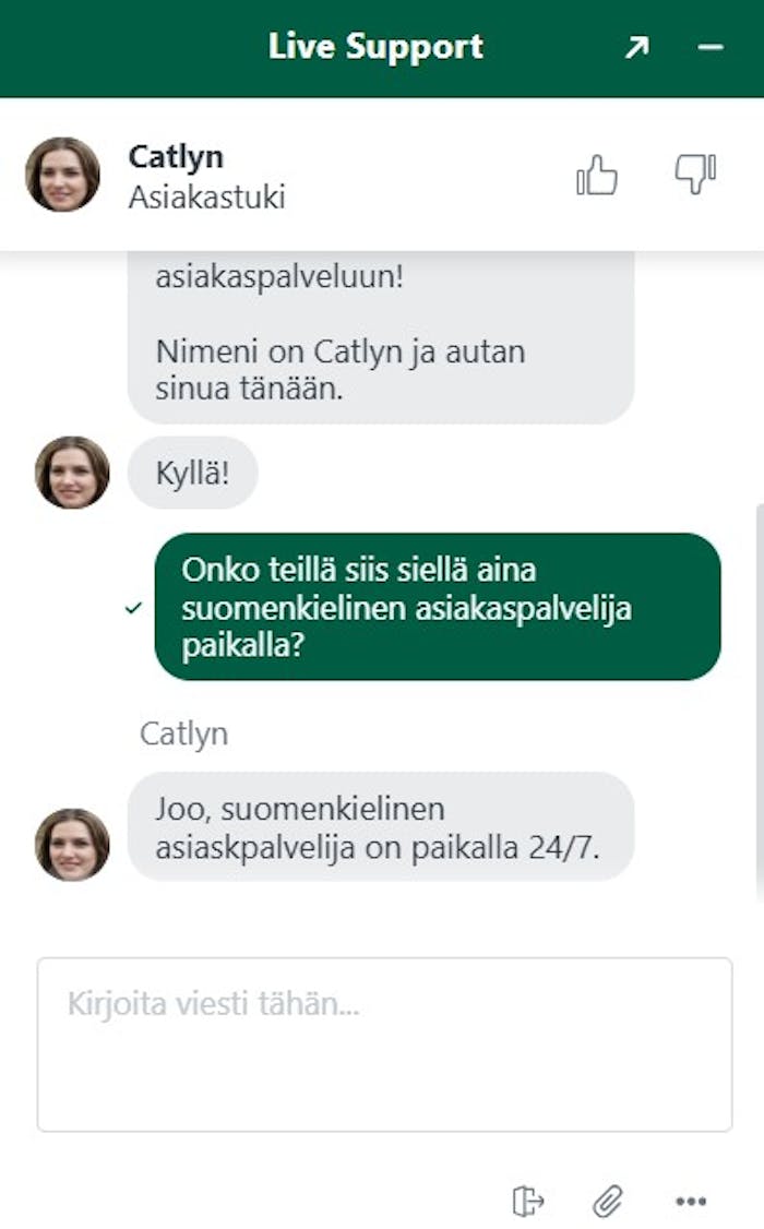 Betalright kasinon asiakaspalvelijan vastaus live-chatissa.