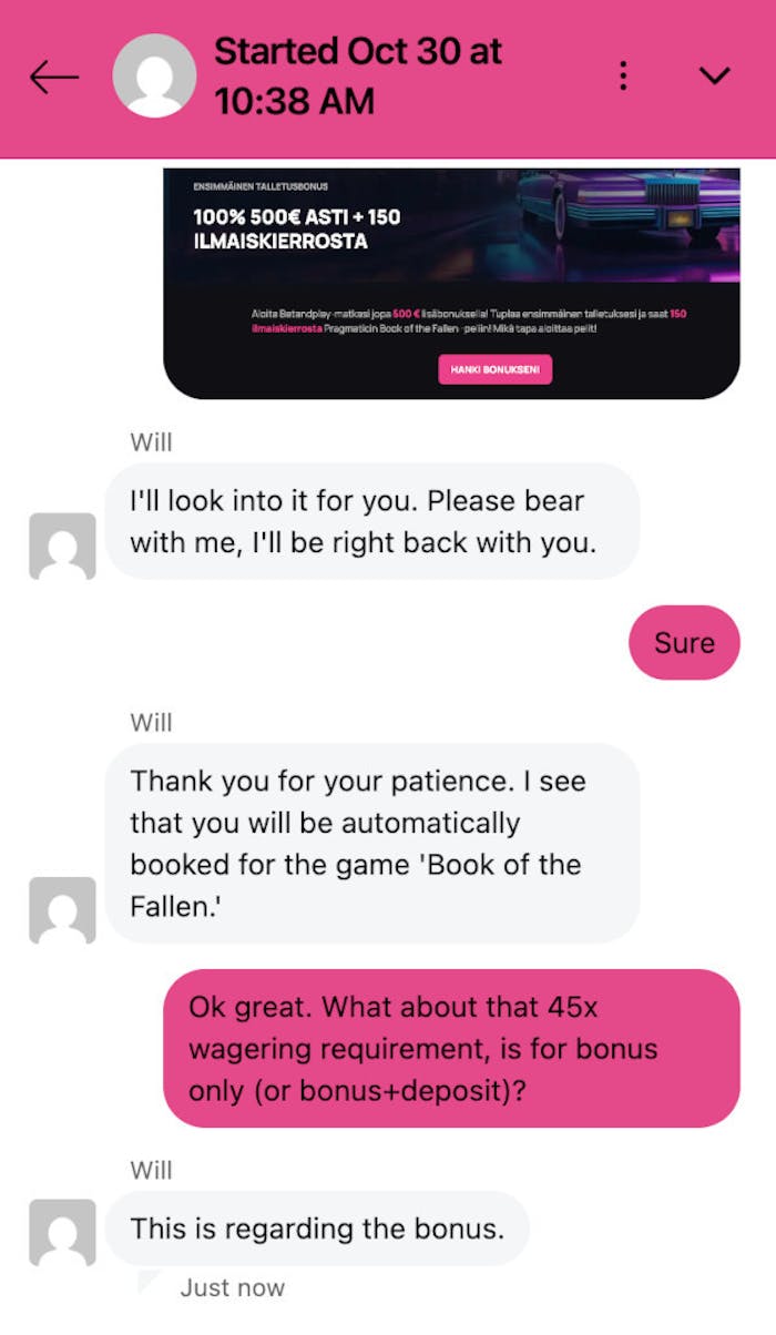 Live-chat keskustelu BetandPlay Casinon asiakaspalvelussa