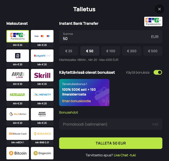Talletusikkuna BetandPlay Casinolla