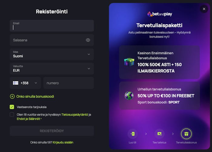 Rekisteröitymislomake BetandPlay Casinolla