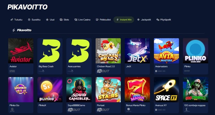 Bet Beast Casinon pikavoittopelit sisältävät suositut crashpelit, kuten Aviator, JetX ja Spaceman.