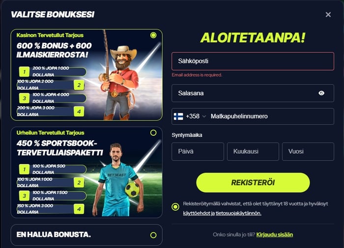 Bet Beast Casinolla on suuri tervetulobonus 600 % jonka voi lunastaa heti rekisteröityessä. 