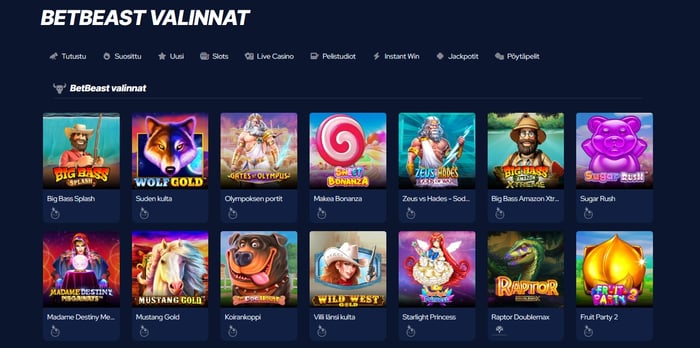 Bet Beast Casinolla esitellään kasinon kolikkopeli valinnat selkeästi, mutta pelien nimet kääntyvät samalla suomeksi.