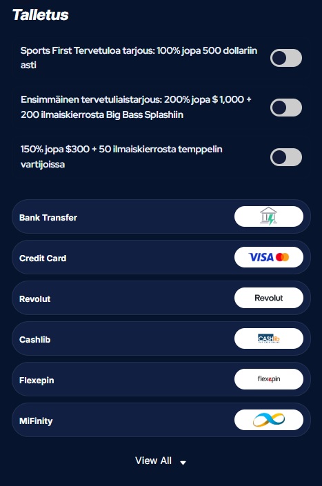 Bet Beast Casinolla on useita talletustapoja. Etenkin kryptovaluutat, pankkikortit, ja nettilompakot korostuvat.