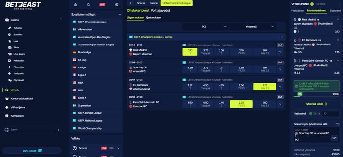 Bet Beast Casinon vedonlyöntipuoli kattaa satoja suosittuja kohteita, kuten UEFA Champions League.