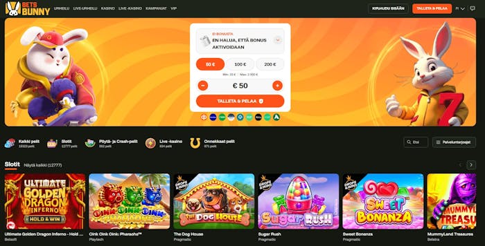 BetsBunny Casinon aula on selkeä, ja kaikki olennaiset valikot löytyvät helposti.