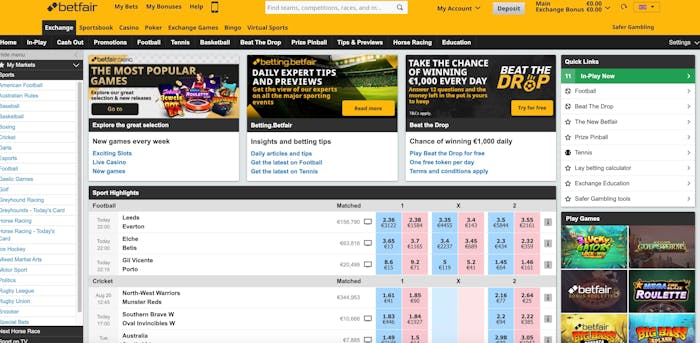 Betfair casinon etusivu, joka esittelee pääasiassa vedonlyöntikohteita