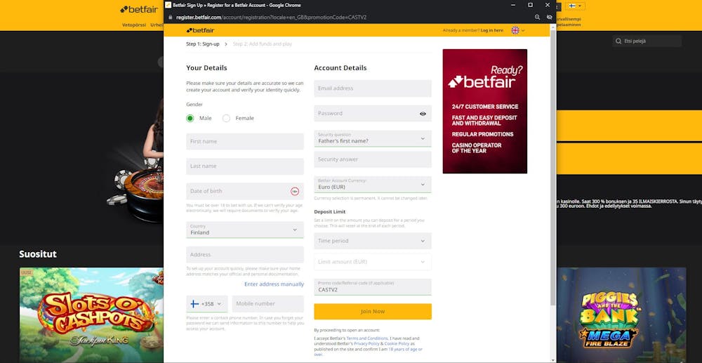 betfair ilmoittautumissivu