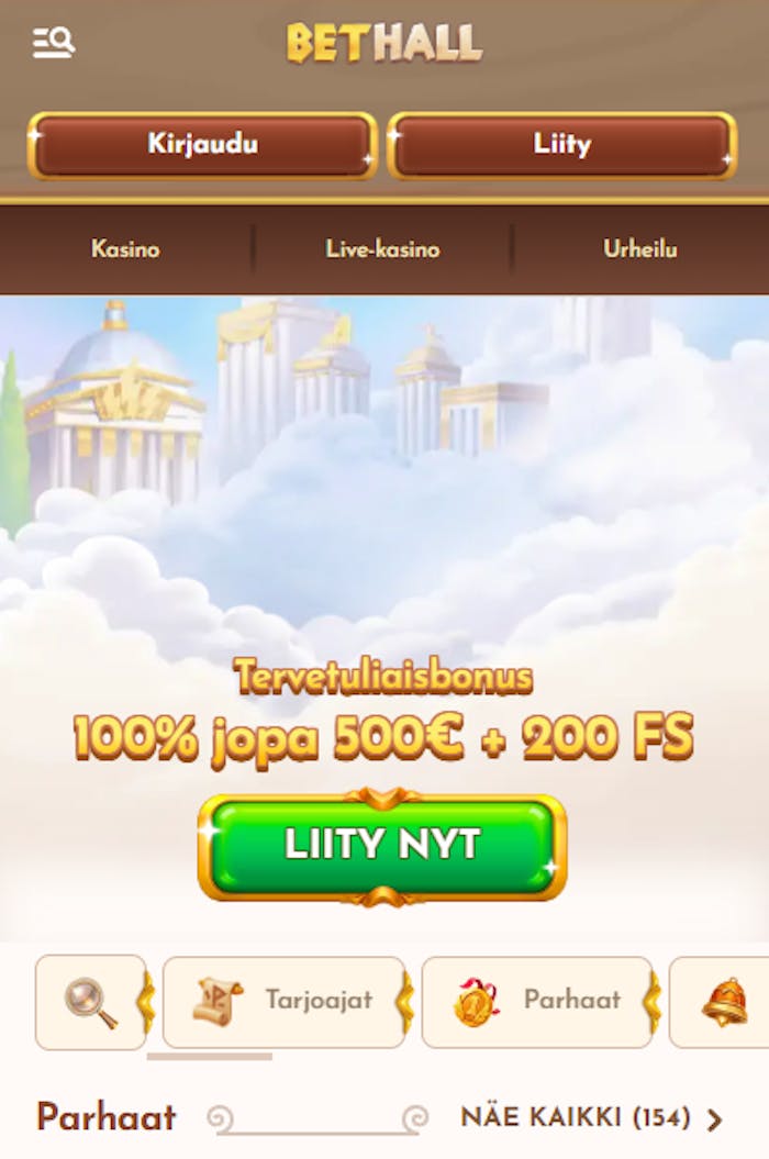 Bethall casinon etusivu ja ensitalletusbonus esittelyssä.
