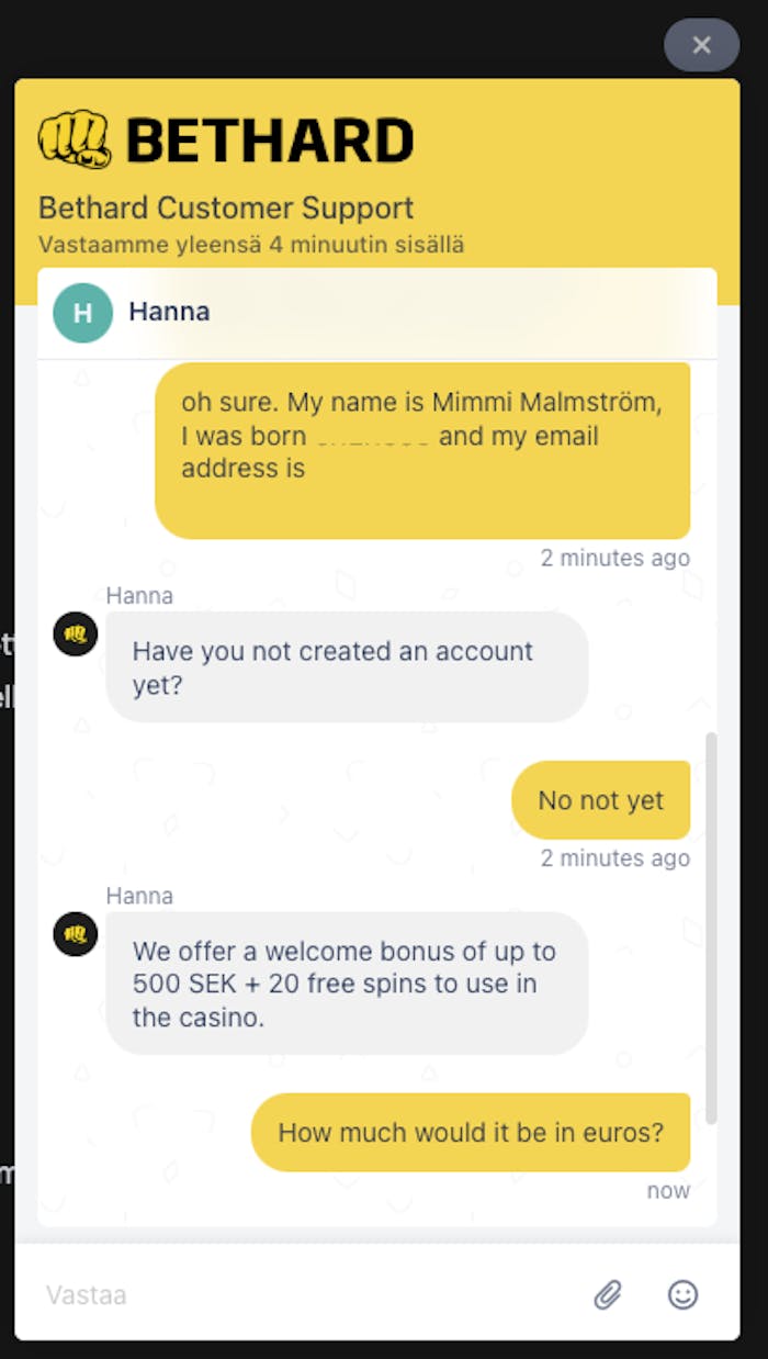 Asiakaspalvelu kysyy lisää kysymyksiä Bethard kasinolla