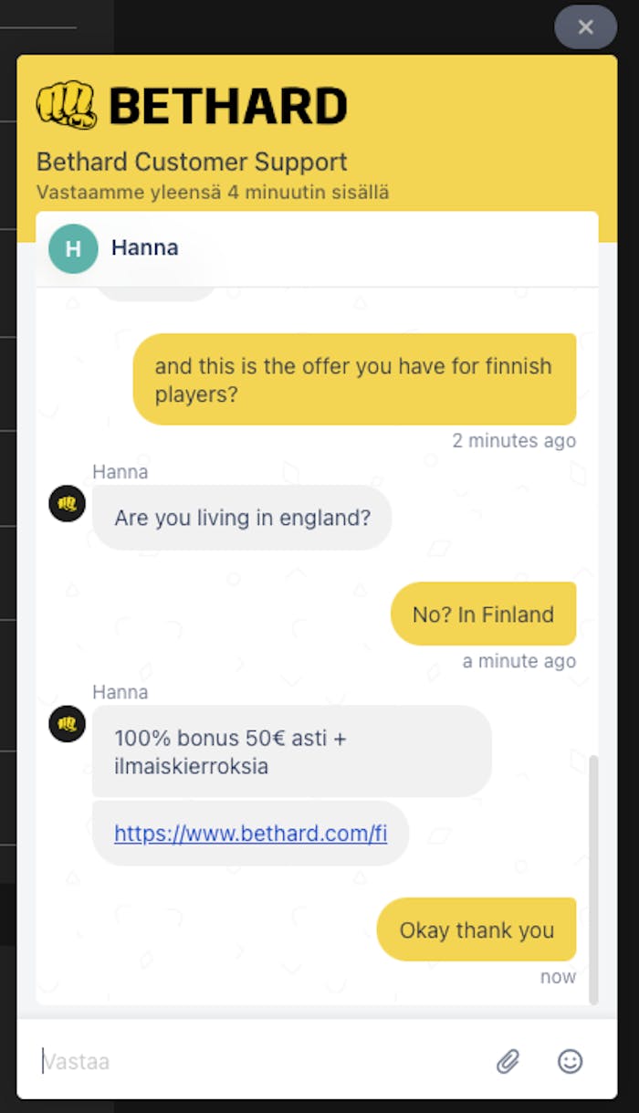 Bethard asiakaspalvelu ei ole kovin avulias