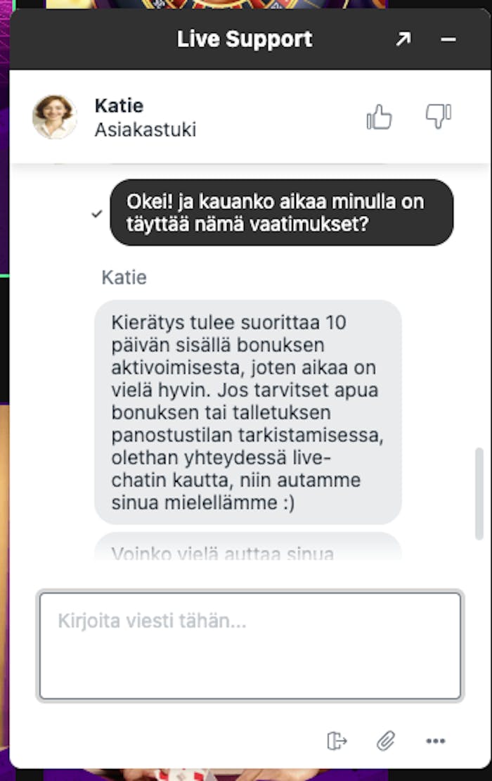 Betinian asiakaspalvelija Katie vastaa kysymykseen
