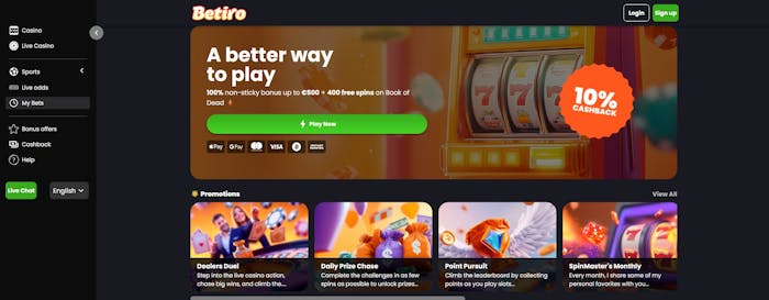 Betiro Casino etusivulla näkyy 10 % cashback, kasinon tervetulobonus ja muita bonustarjouksia.