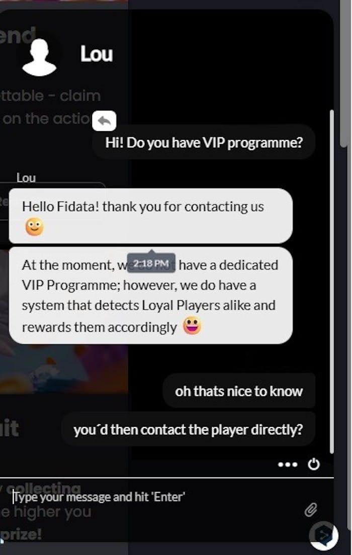 Betiro Casino livechat vastaa englanniksi VIP-ohjelmaa koskevaan kysymykseen.