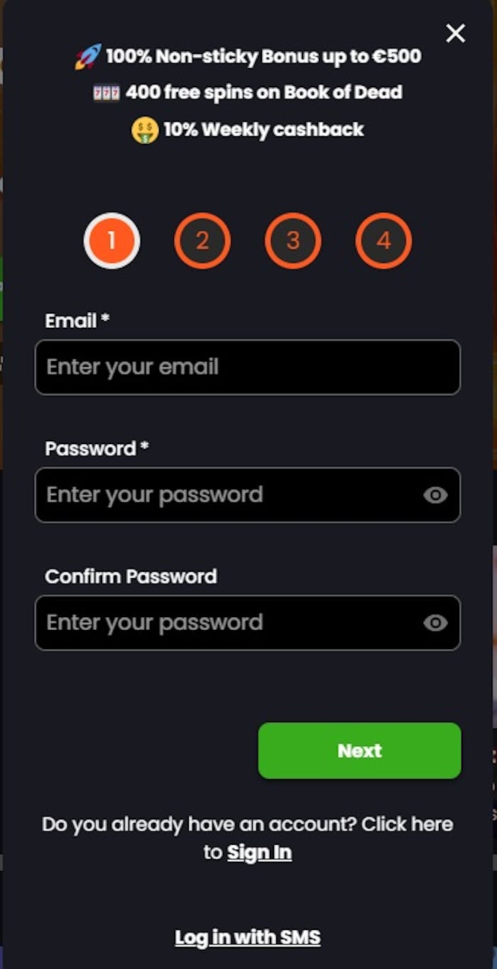 Betiro Casinon rekisteröintilomakkeessa pyydetään ensin sähköpostiosoite ja salasana.