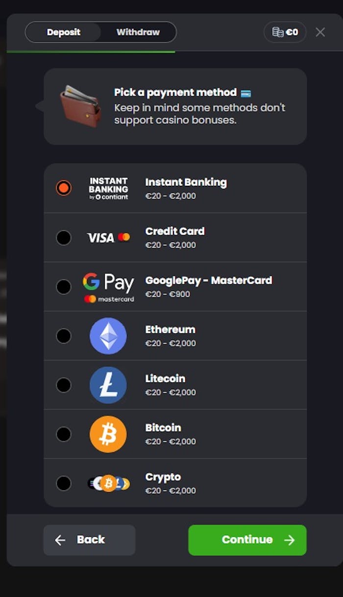 Betiro Casino talletus tapahtuu esimerkiksi Visalla, GPaylla ja kryptovaluutoilla.