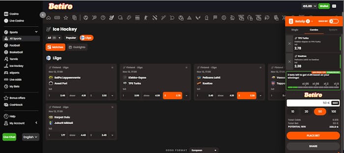 Betiro Casinolla on satoja vedonlyöntikohteita aina kotimaista Liigaa myöten.