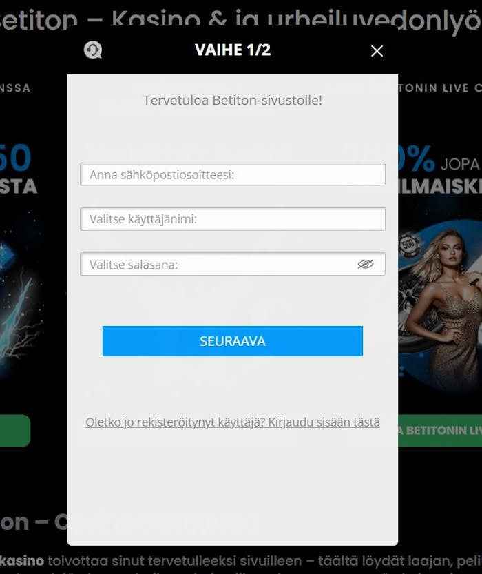 betiton ilmoittautumissivu