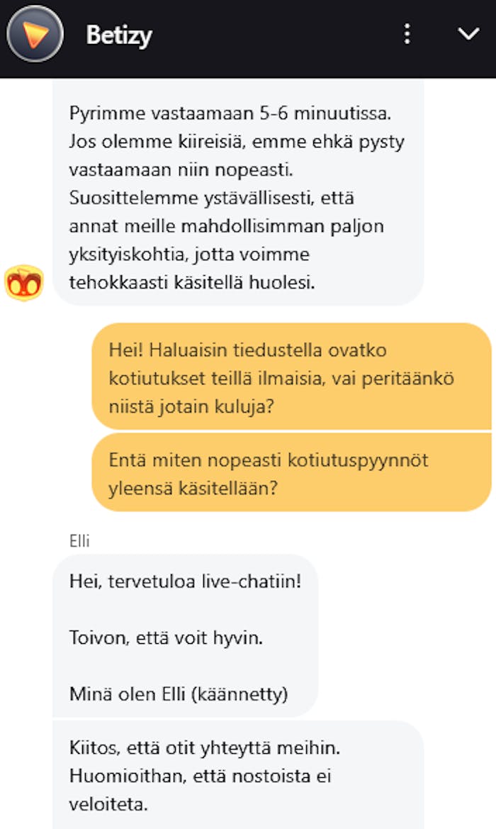 Betizyn asiakaspalveluchat, jossa tiedustellaan kotiutuksen kuluista ja käsittelynopeudesta.