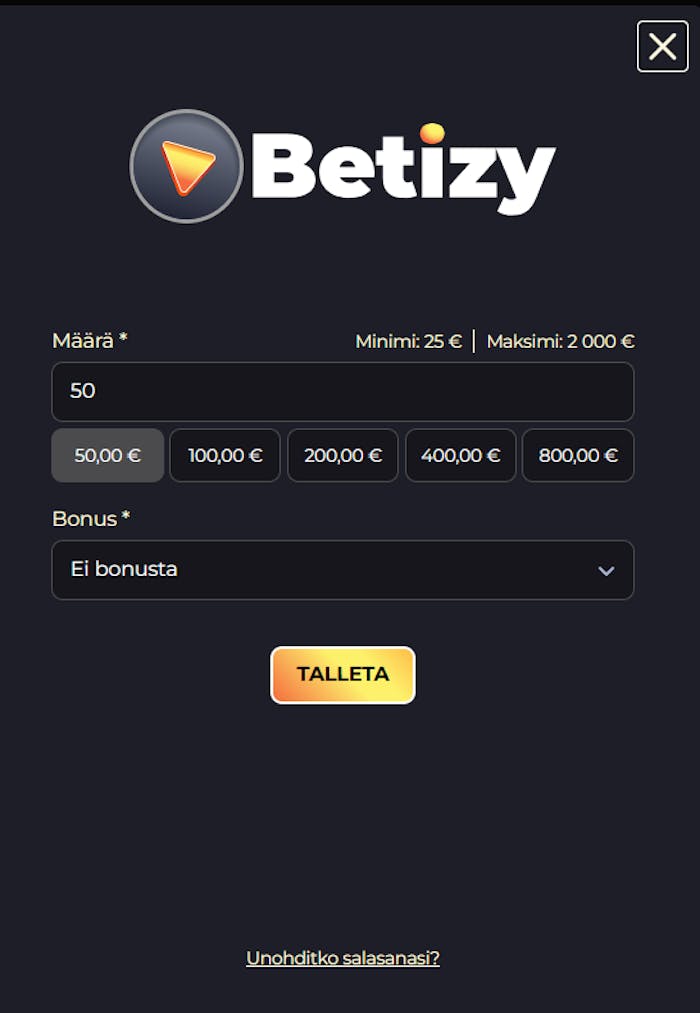 Betizyn minimitalletus on 25 €.