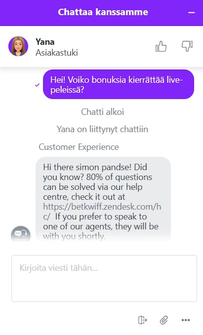 Betkwiff casino livechat kysymys kierrätysvaatimusten täyttämisestä live-peleissä.