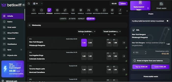 Betkwiff casinolla on oma osionsa vedonlyöntiin. Kohteissa on muun muassa NHL.