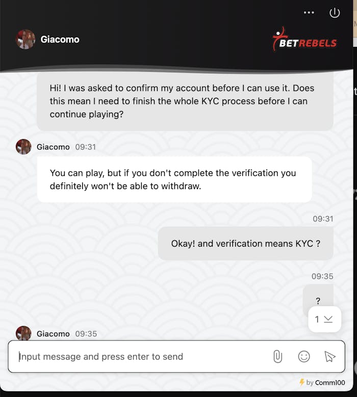 Bet Rebels asiakaspalvelu vastaa englanniksi