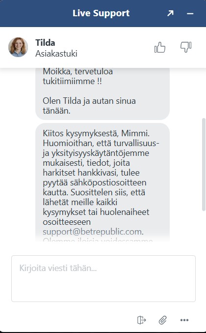 Betrepublic casinon asiakastuen vastaus live-chatissa.