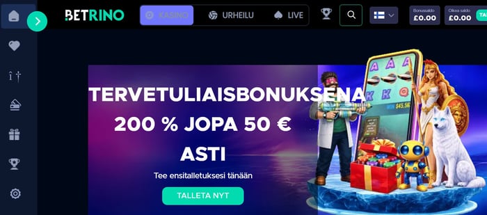Betrinon etusivulla näkyy selkeästi tervetuliaisbonus, joka on 200 % talletusbonus 50 euron ylärajaan.