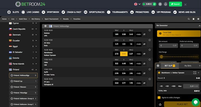Betroom 24 Casino vedonlyönti suomalaisesta Veikkausliigasta.