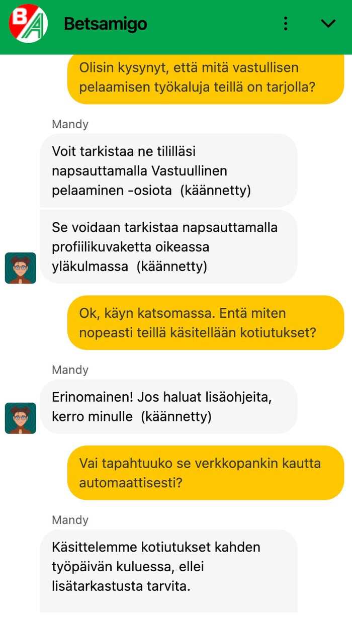 Betsamigo Casino palvelee live-chatissa käännöksellä