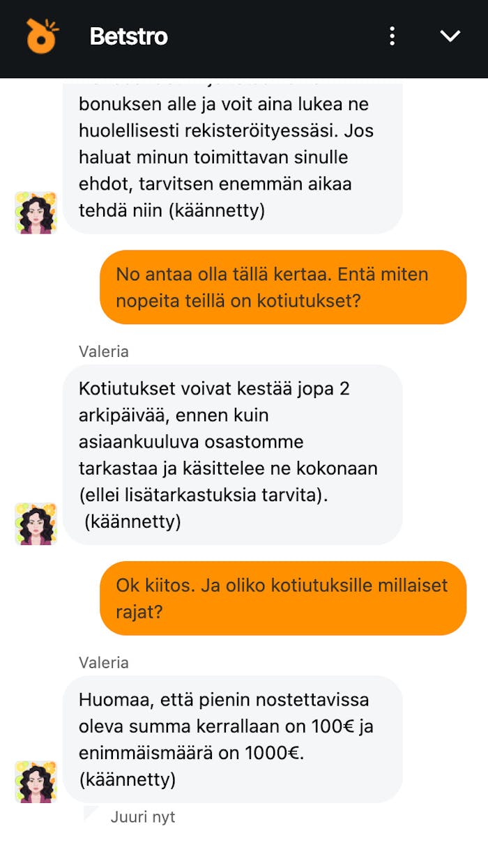 Testasin Betstro Casinon asiakaspalvelua chatissa