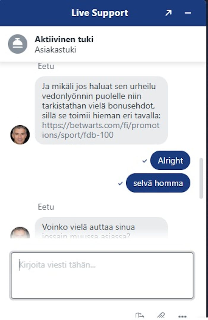 Live asiakaspalvelu tilanne Betwarts Casinon kanssa vedonlyönti bonuksesta