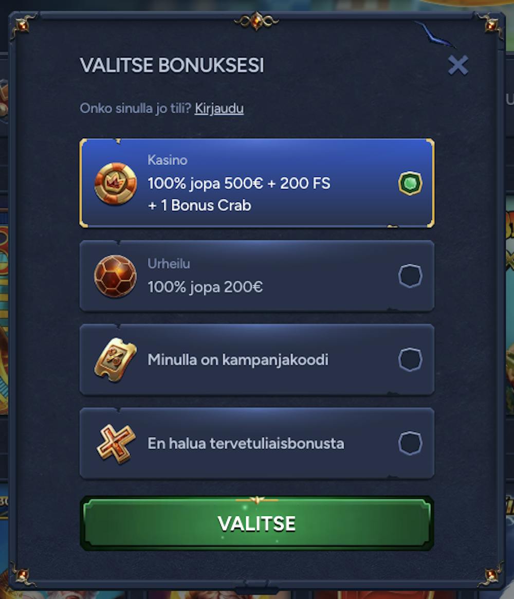 Valitse bonuksesi samalla kun rekisteröidyt Betwarts casinolle