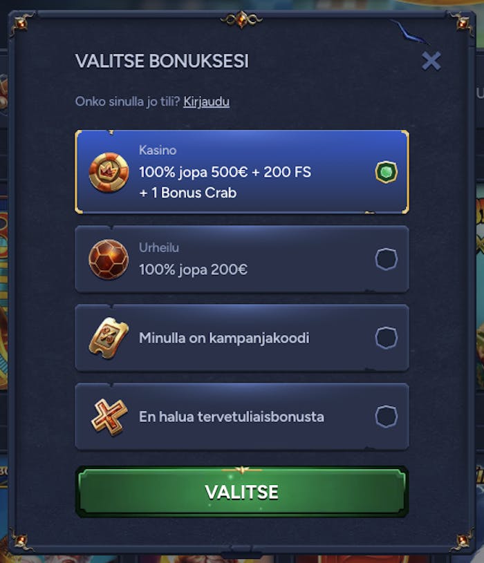 Valitse bonuksesi samalla kun rekisteröidyt Betwarts casinolle