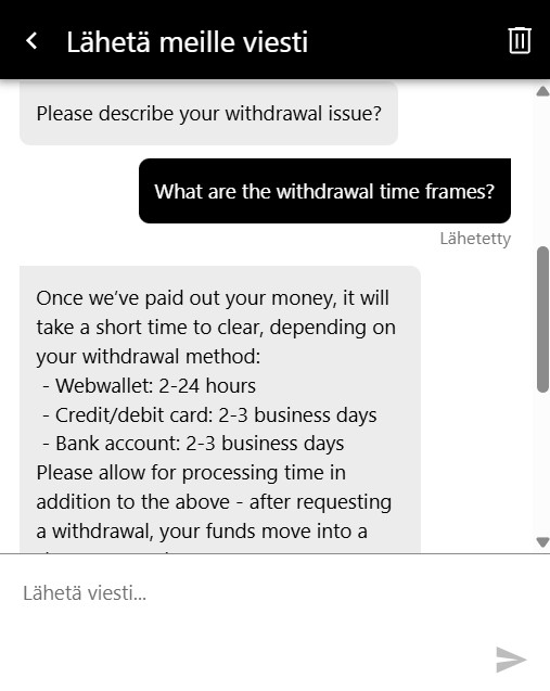 Betway Casinon asiakaspalvelu toimii kokonaan englanniksi, eikä suomenkielistä tukea ole lainkaan.