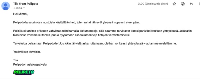 Pelipeto-kasinon vastaus sahkopostitse.