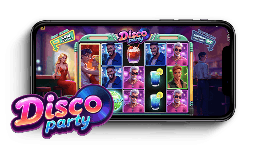 Disco Party slotin logo ja peliruudukko puhelimen näytöllä.