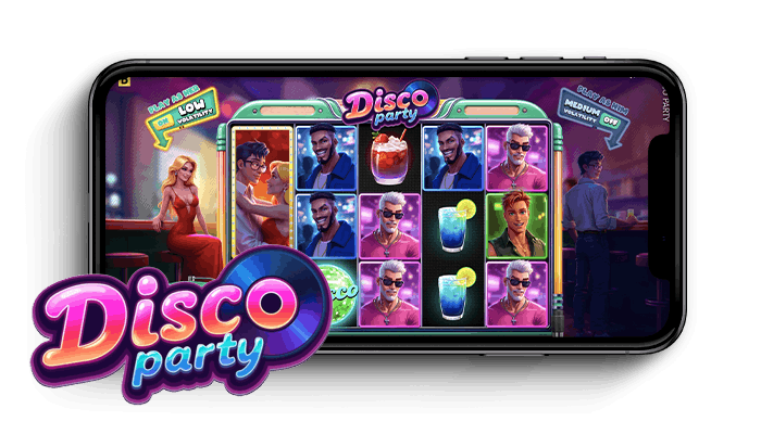 Disco Party slotin logo ja peliruudukko puhelimen näytöllä.