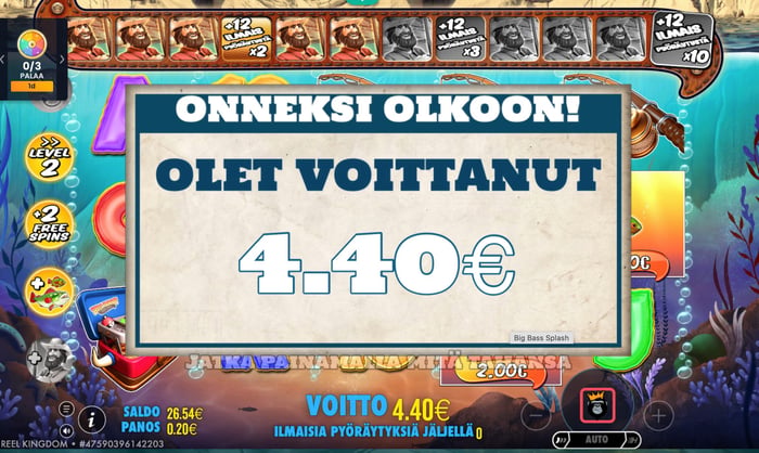 Big Bass Splash -pelin ilmaiskierroksilta saadut voitot.