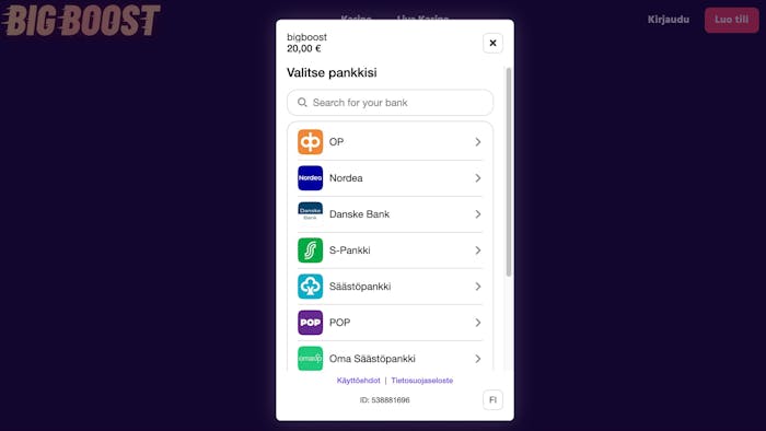 Big Boost casinolla pelaaminen vaatii talletuksen pankkitunnuksilla