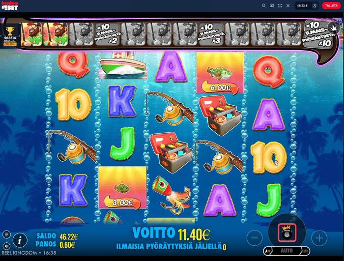 Kudos Betin Bigger Bass -bonuspeli, jossa voitto nousi 11,40 euroon ilmaiskierrosten lopussa.