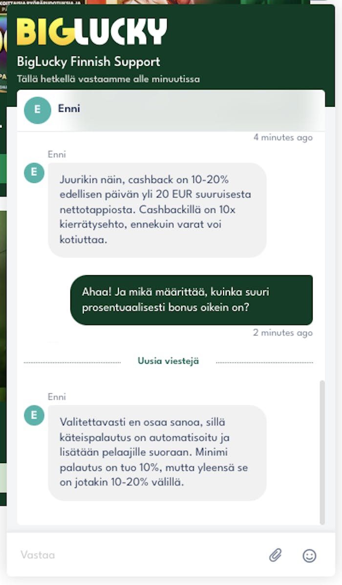 Enni vastasi Big Lucky Casinolla asiakaspalvelussa ystävällisesti