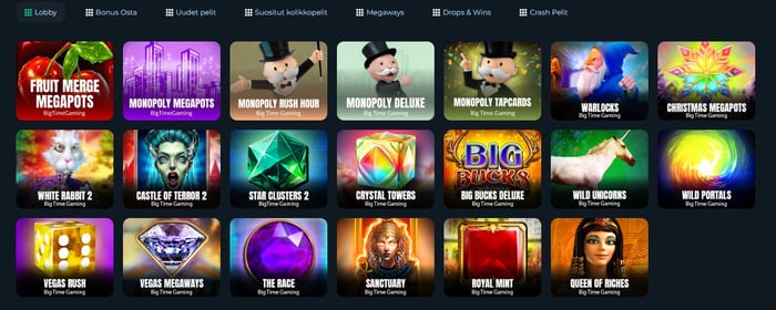 Big Time Gaming -pelivalikoima, jossa näkyvät suosituimmat kolikkopelit ja slotit.