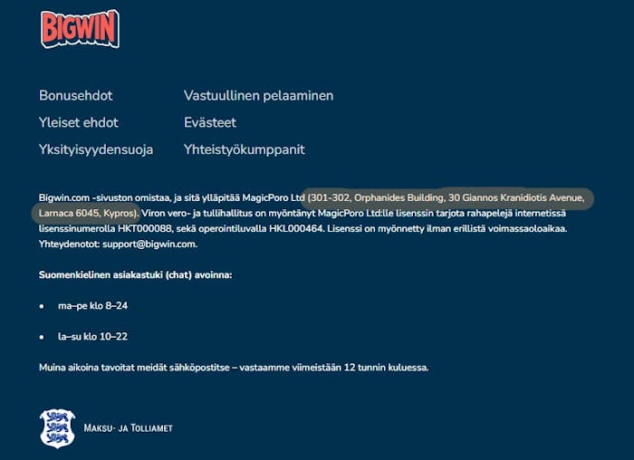 BigWin Casinolla on Viron lisenssi vaikka sivustoa ylläpitää Kyproksella toimiva yritys MagicPoro Ltd. 
