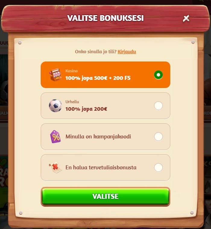 Billy Betsin tarjoamat bonusvaihtoehdot pelitili? avatessa.