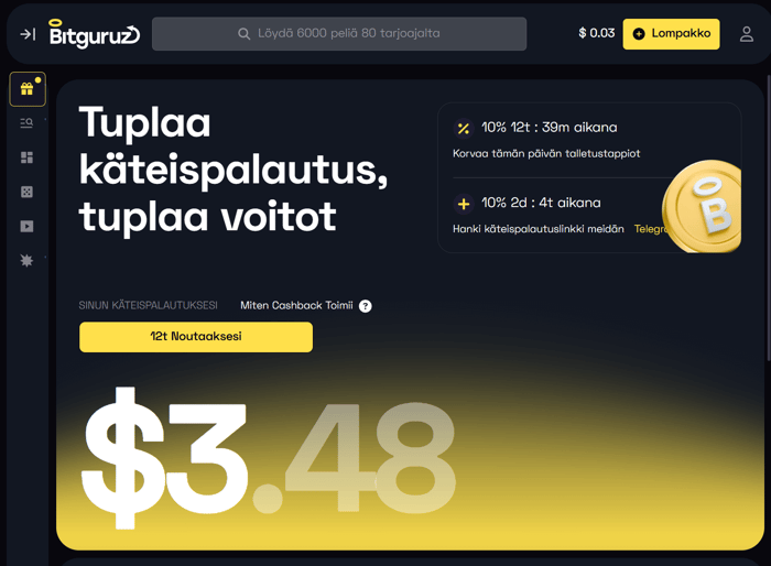 Kuvakaappaus 3,48 dollarin cashbackista Bitguruz kasinolla.